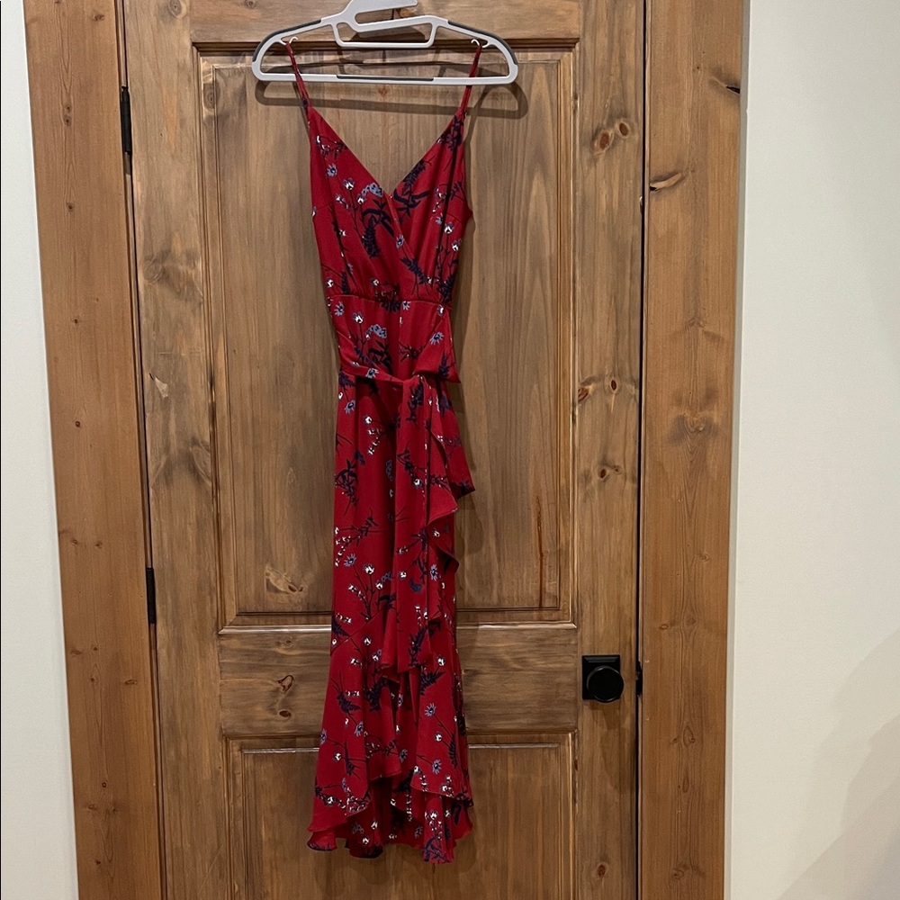 J. Crew Red Floral Ruffle Wrap-Style Maxi Dress
